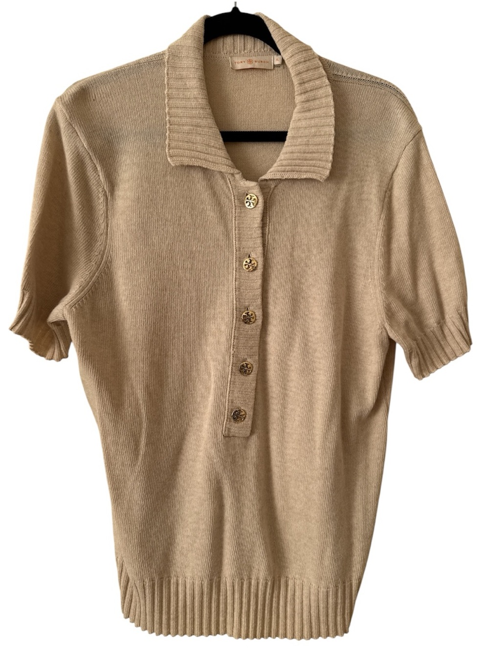 Tory Burch Cream Knit Short Sleeve Sweater with Tory Burch Logo Buttons